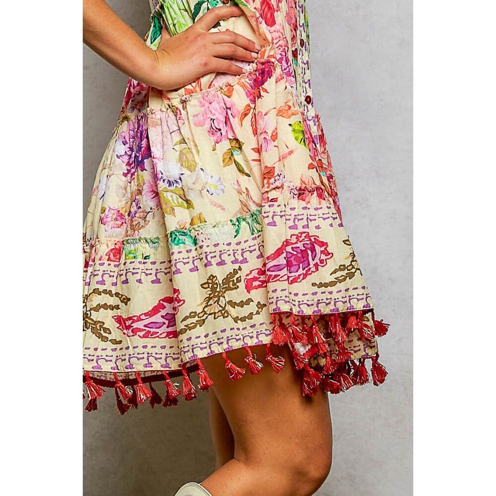 POL Mixed Print and Tassel Detail Tiered Mini Dress in Cream Multi - Thumbnail 6