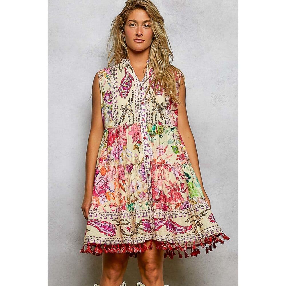 POL Mixed Print and Tassel Detail Tiered Mini Dress in Cream Multi - Thumbnail 4