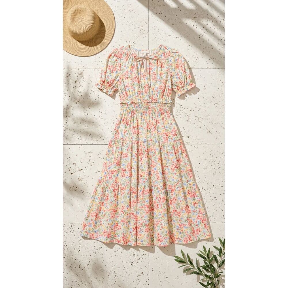 Short Puff Sleeves Maxi Dress in Poplin White Ditsy - Thumbnail 3
