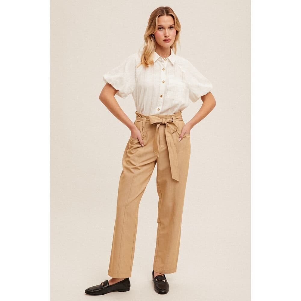 Button Down Front Pocket Bubble Sleeve Blouse - Thumbnail 4
