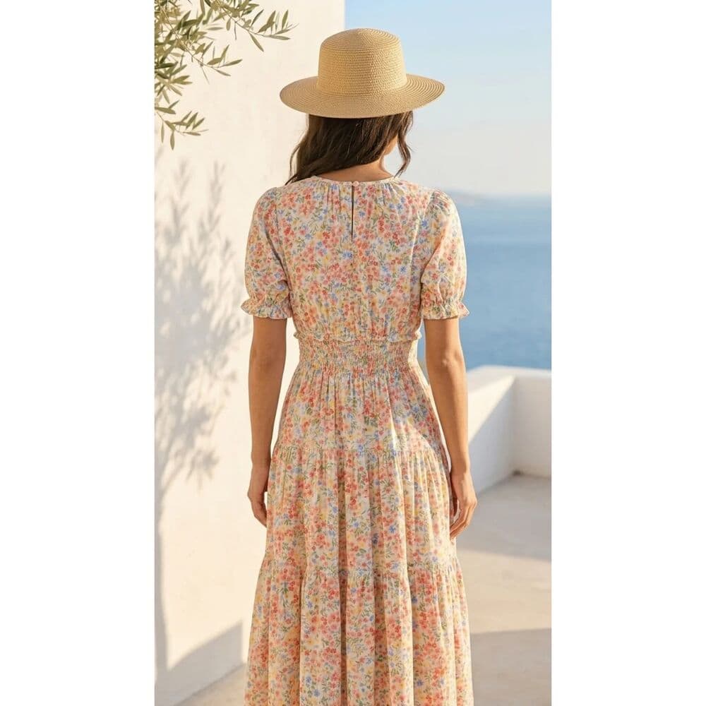 Short Puff Sleeves Maxi Dress in Poplin White Ditsy - Thumbnail 2