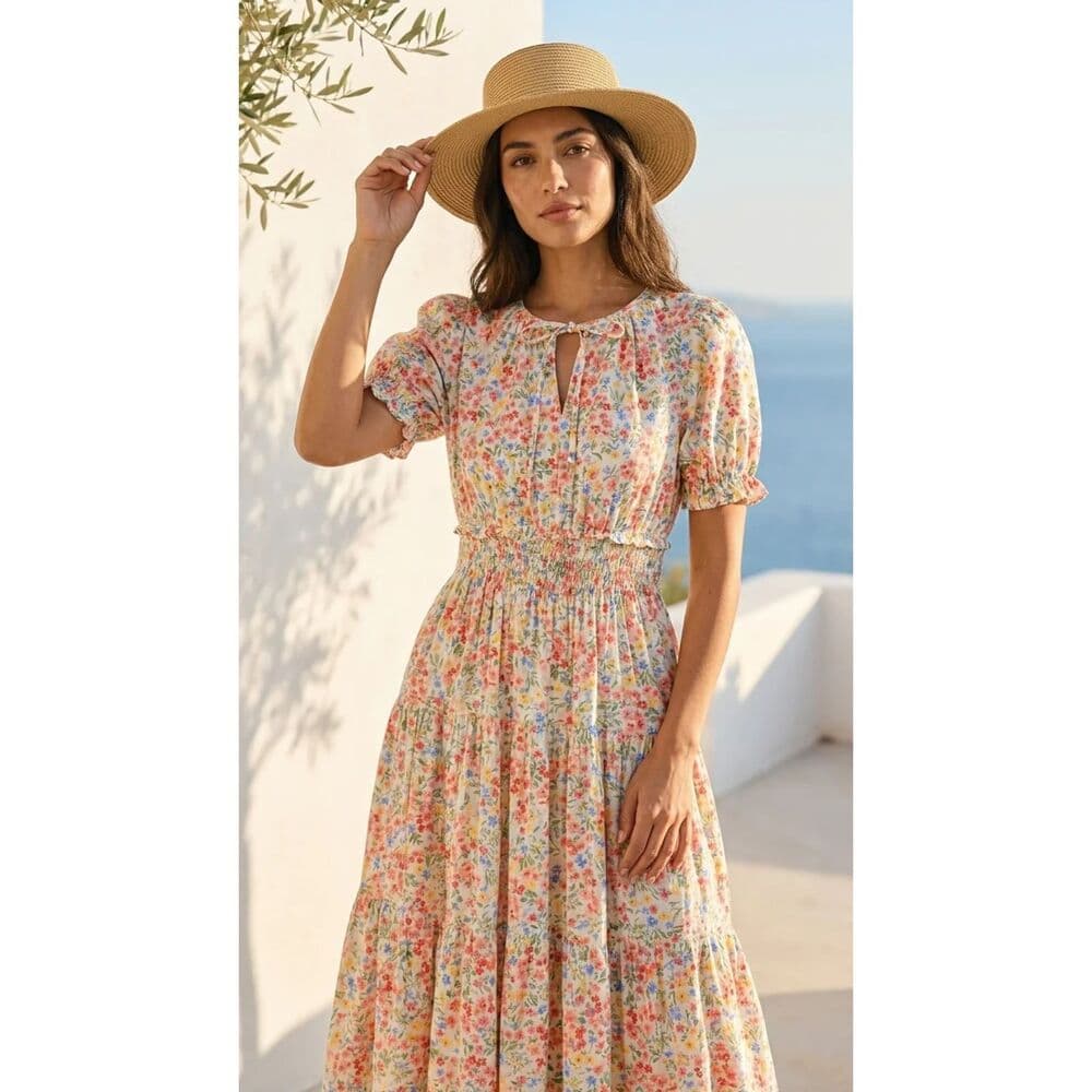 Short Puff Sleeves Maxi Dress in Poplin White Ditsy