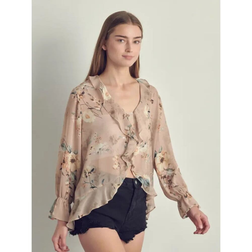 Sheer Floral Ruffle Blouse