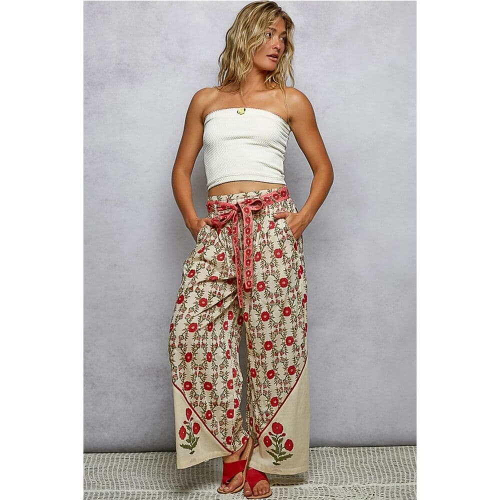 POL Waist Belt Floral Pattern Straight Fit Pants - Thumbnail 4