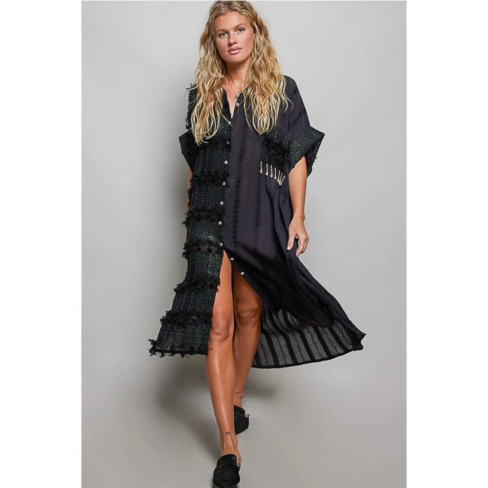 POL Dangle Trim Textured Cotton Oversized Long Shirt Dress - Black