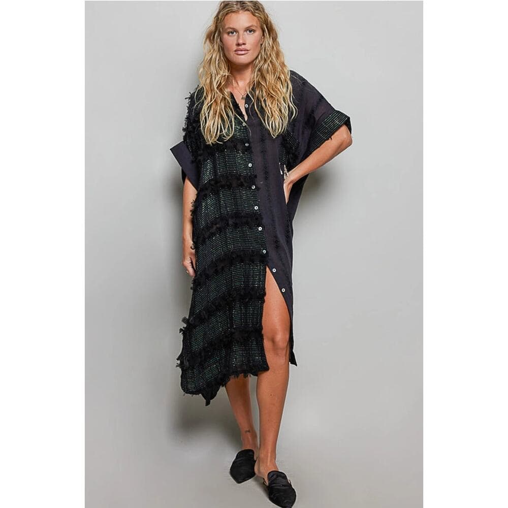 POL Dangle Trim Textured Cotton Oversized Long Shirt Dress - Black - Thumbnail 2