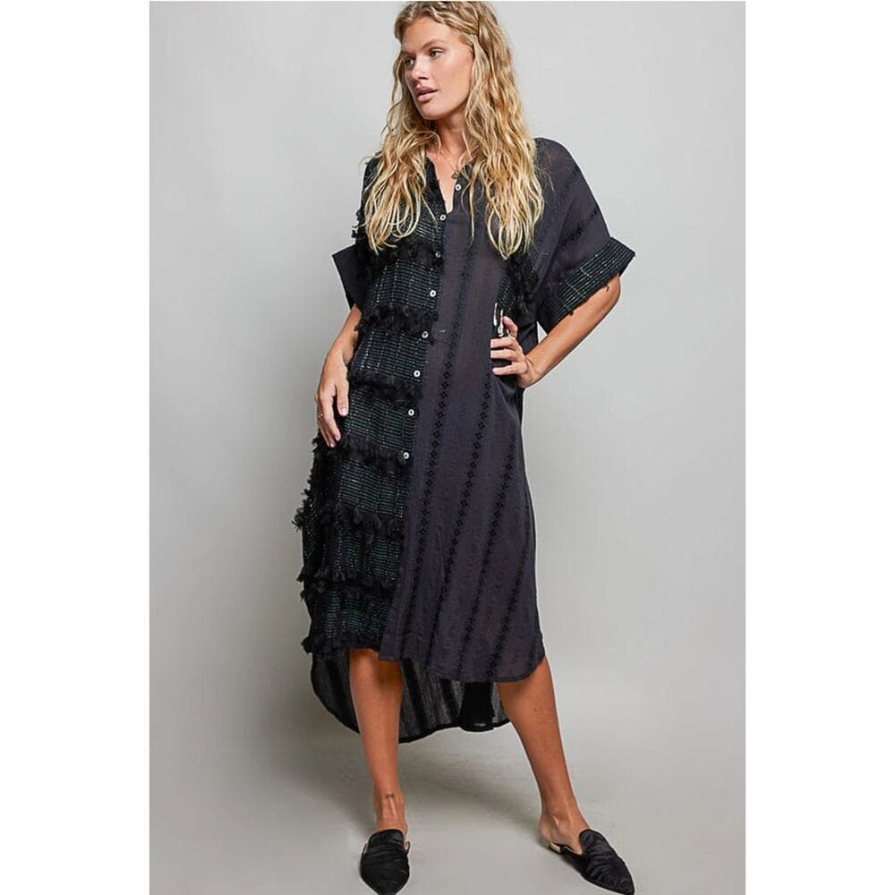 POL Dangle Trim Textured Cotton Oversized Long Shirt Dress - Black - Thumbnail 3