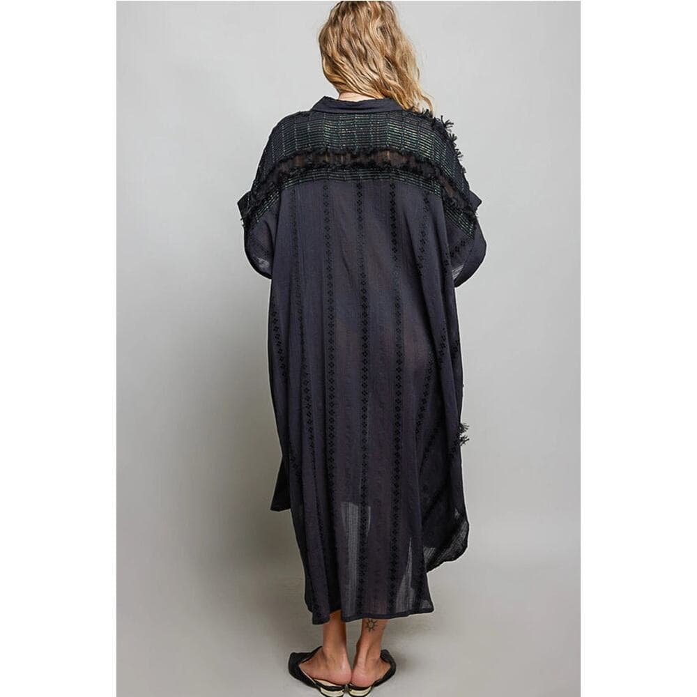 POL Dangle Trim Textured Cotton Oversized Long Shirt Dress - Black - Thumbnail 5