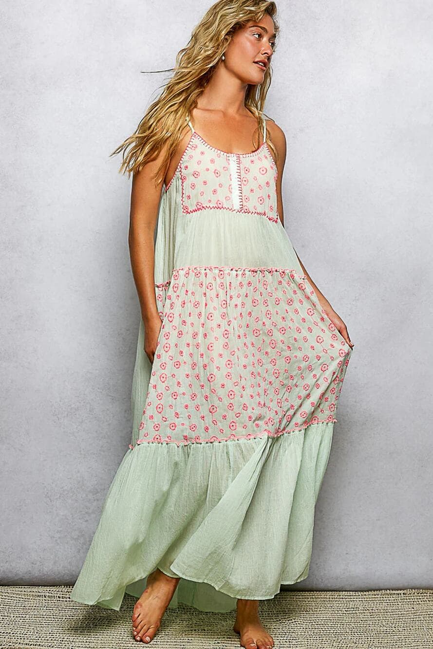 POL Mint Multi Contrast Embroidery Sleeveless Dress