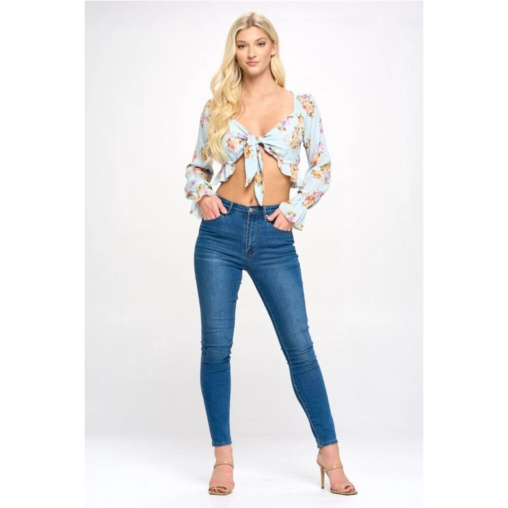 Crop Blouse Cardian Top Tie Front Long Sleeve - Thumbnail 3