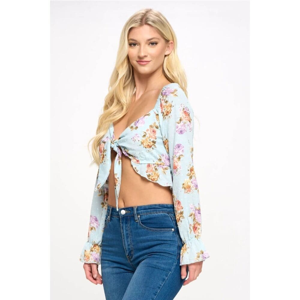 Crop Blouse Cardian Top Tie Front Long Sleeve - Thumbnail 2