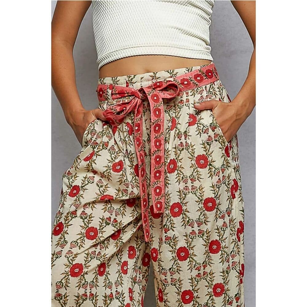 POL Waist Belt Floral Pattern Straight Fit Pants - Thumbnail 6