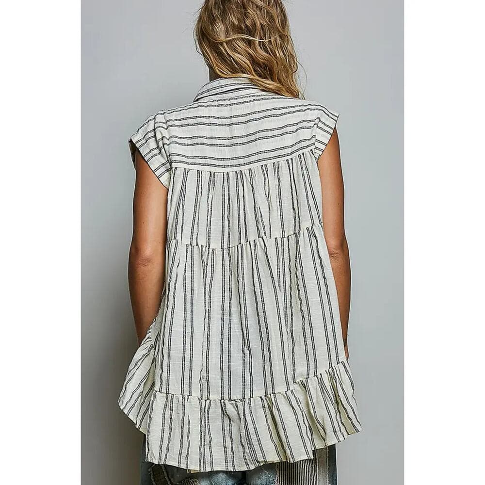 POL Collared Neck Stripe Soft Ruffle Stitch Sleeveless Shirt Top - Thumbnail 4