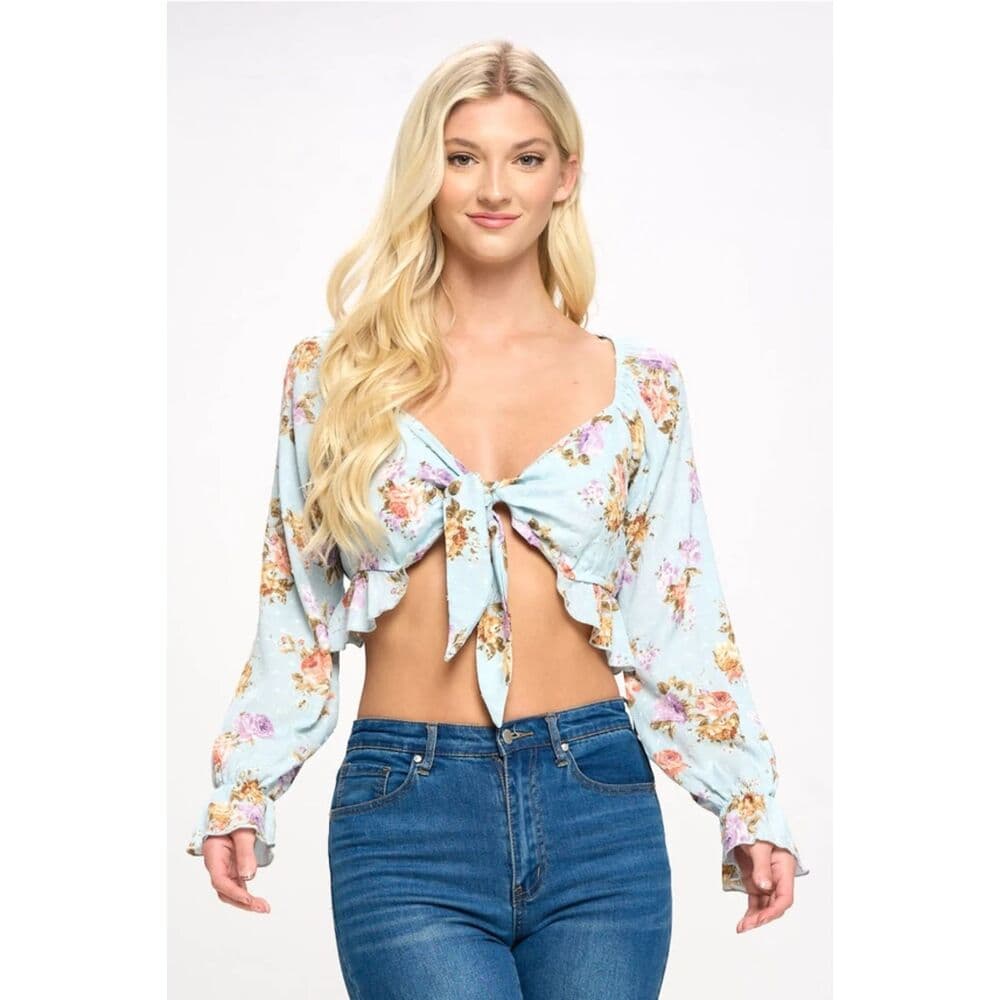 Crop Blouse Cardian Top Tie Front Long Sleeve - Thumbnail 4