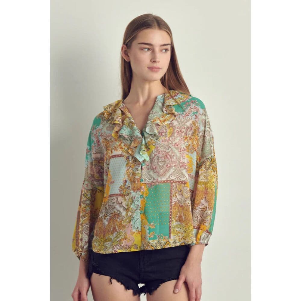 Ruffle Neck Button Long Sleeve in Chiffon - Thumbnail 2