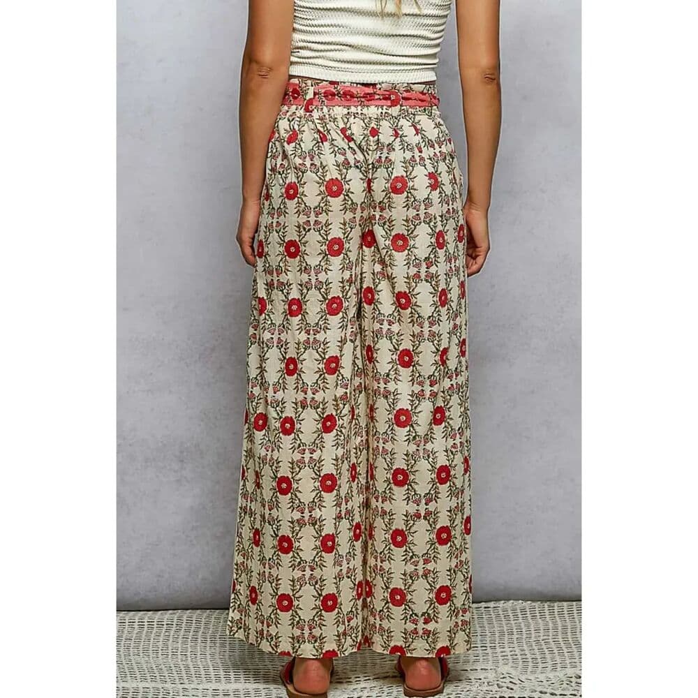 POL Waist Belt Floral Pattern Straight Fit Pants - Thumbnail 5