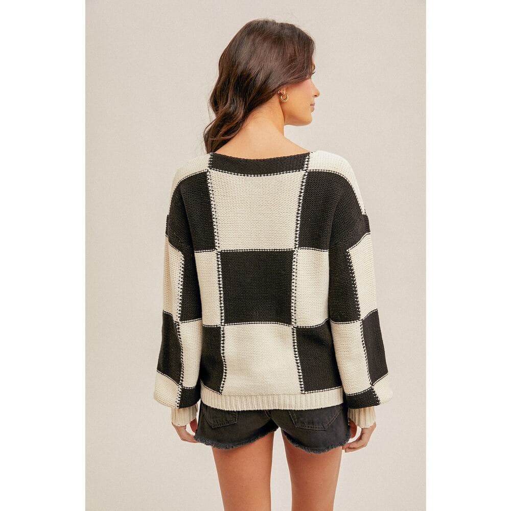 Checker Print Boat Neck Bubble Sleeve Sweater - Thumbnail 3