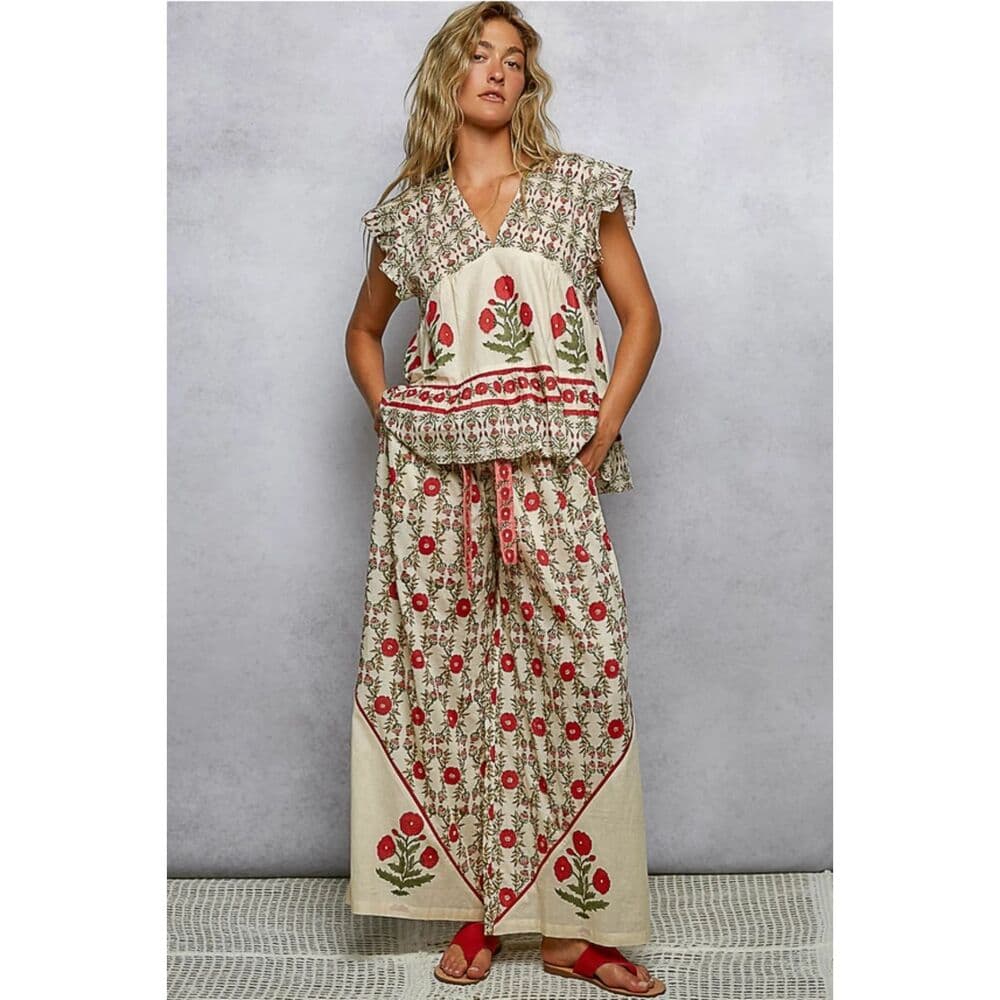 POL Waist Belt Floral Pattern Straight Fit Pants - Thumbnail 8