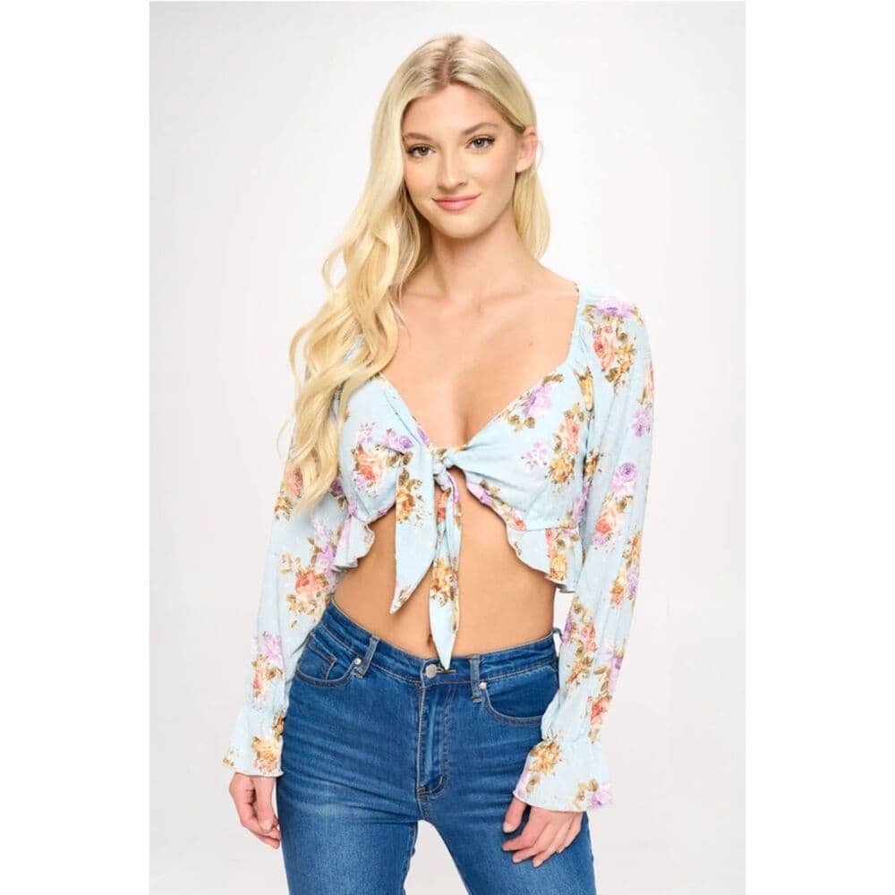 Crop Blouse Cardian Top Tie Front Long Sleeve