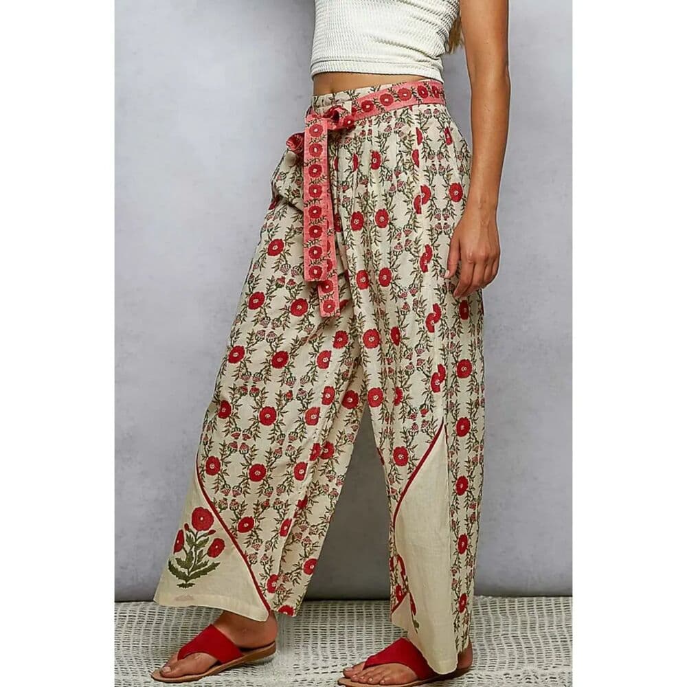 POL Waist Belt Floral Pattern Straight Fit Pants - Thumbnail 7