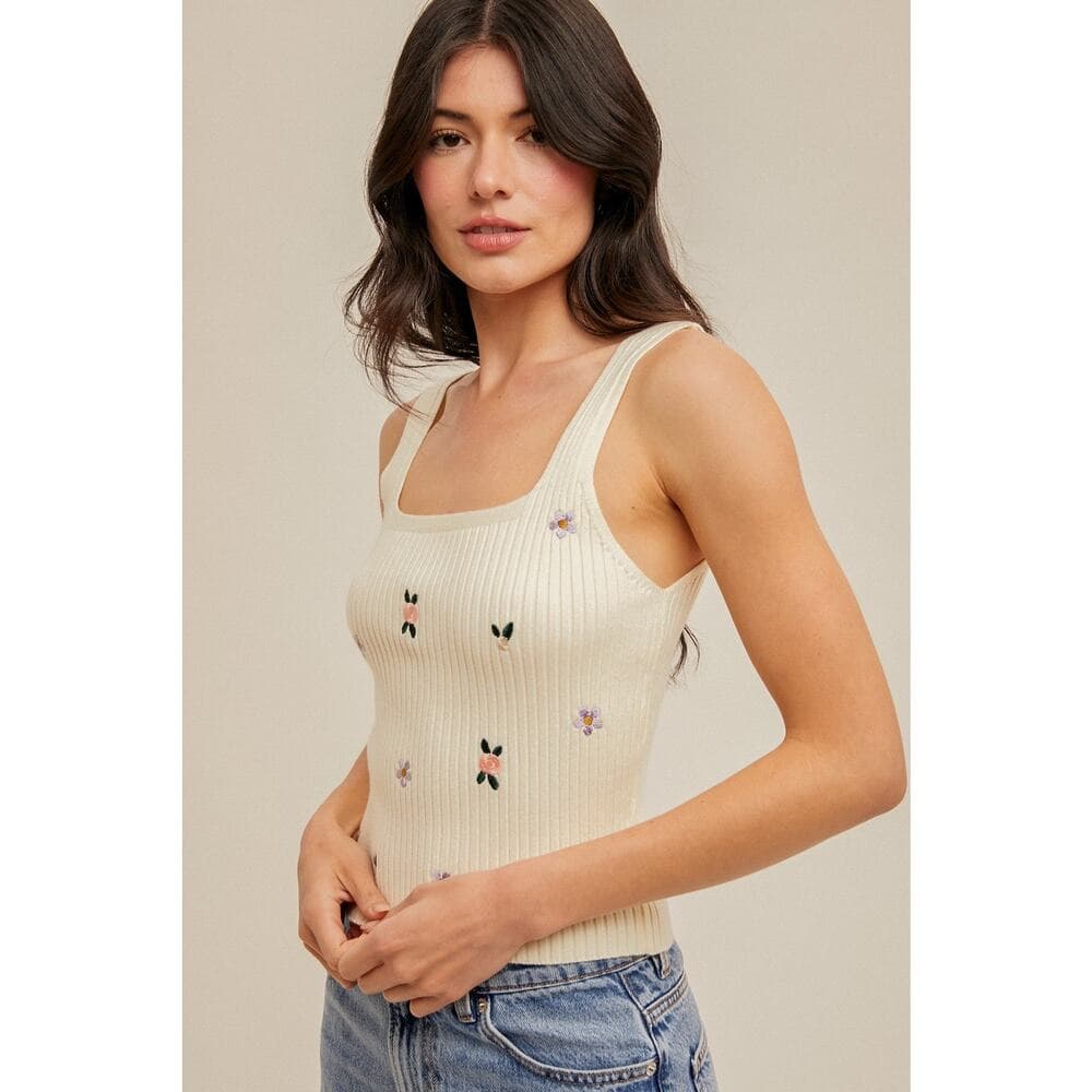 Floral Embroidered Ribbed Tank Top - Thumbnail 2