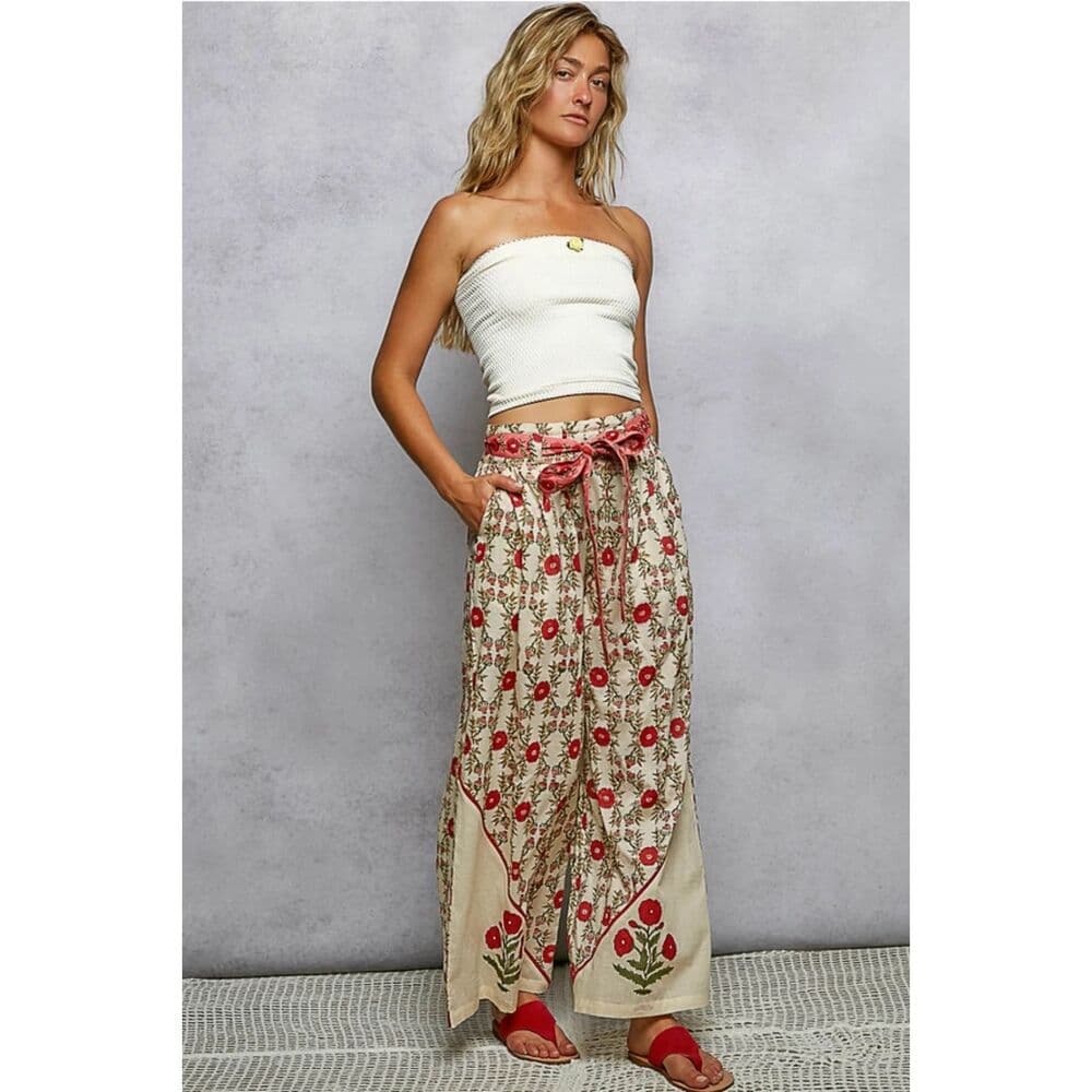 POL Waist Belt Floral Pattern Straight Fit Pants - Thumbnail 3