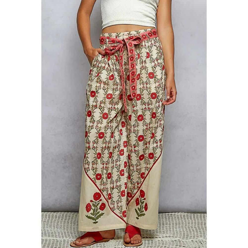 POL Waist Belt Floral Pattern Straight Fit Pants - Thumbnail 9
