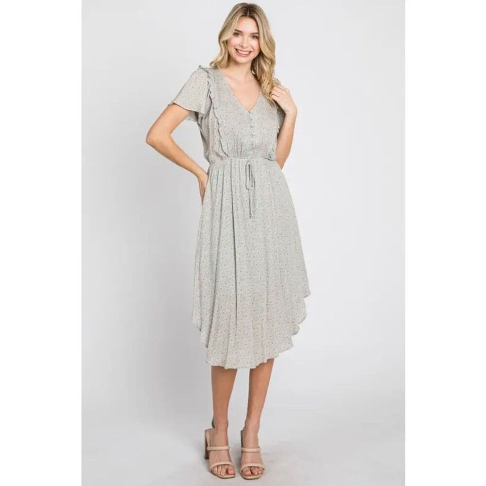 Floral Print V-Neck Button Down Dress - Thumbnail 3