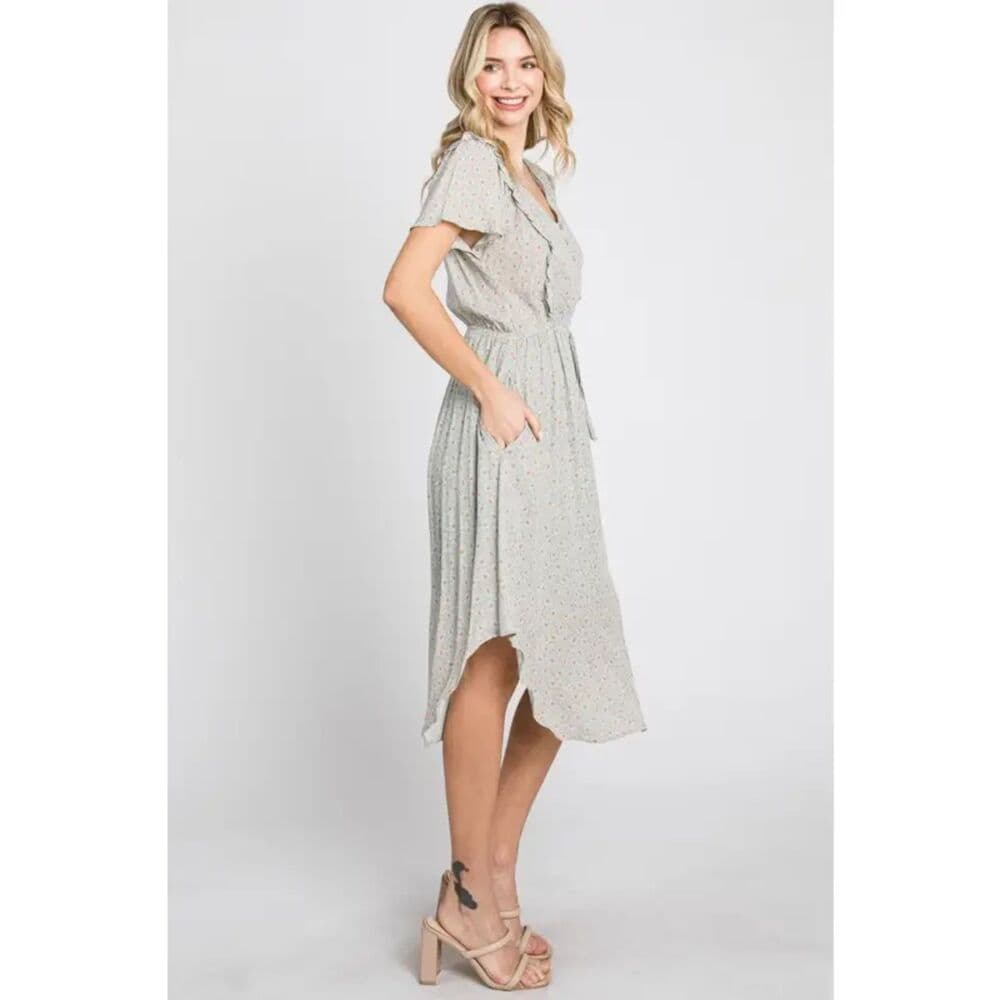 Floral Print V-Neck Button Down Dress - Thumbnail 2