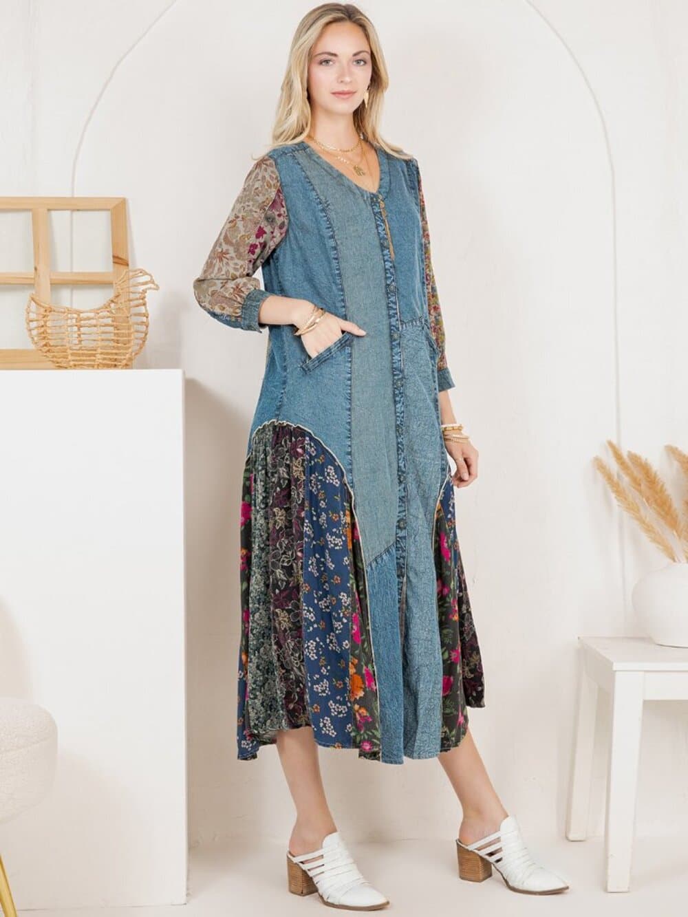 Earthy Denim Duster Dress, Artisan Patchwork - Thumbnail 3