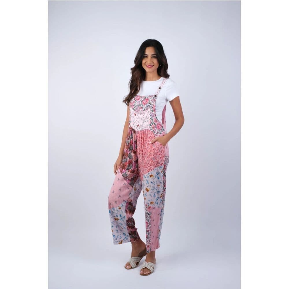 Petal Harmony Patchwork Chic Overalls - Thumbnail 4