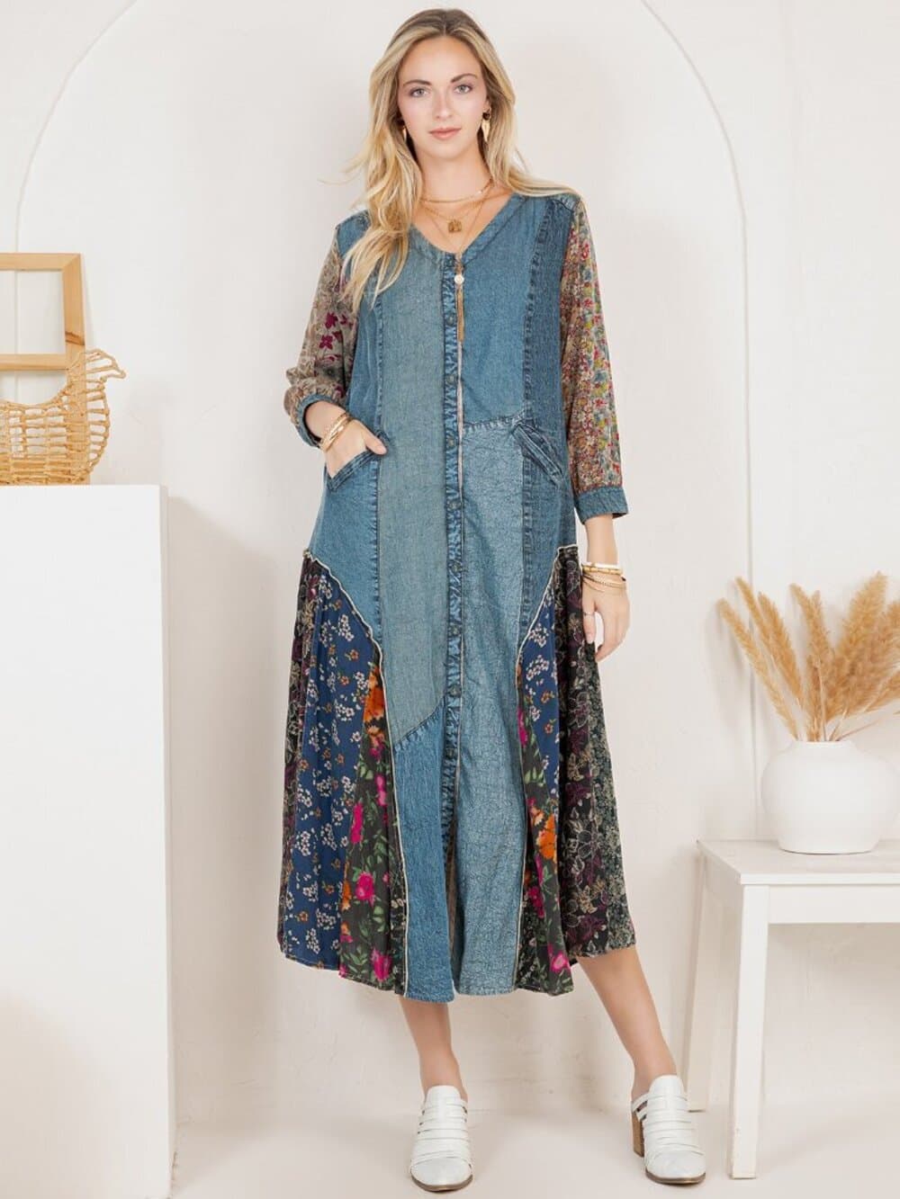 Earthy Denim Duster Dress, Artisan Patchwork - Thumbnail 8