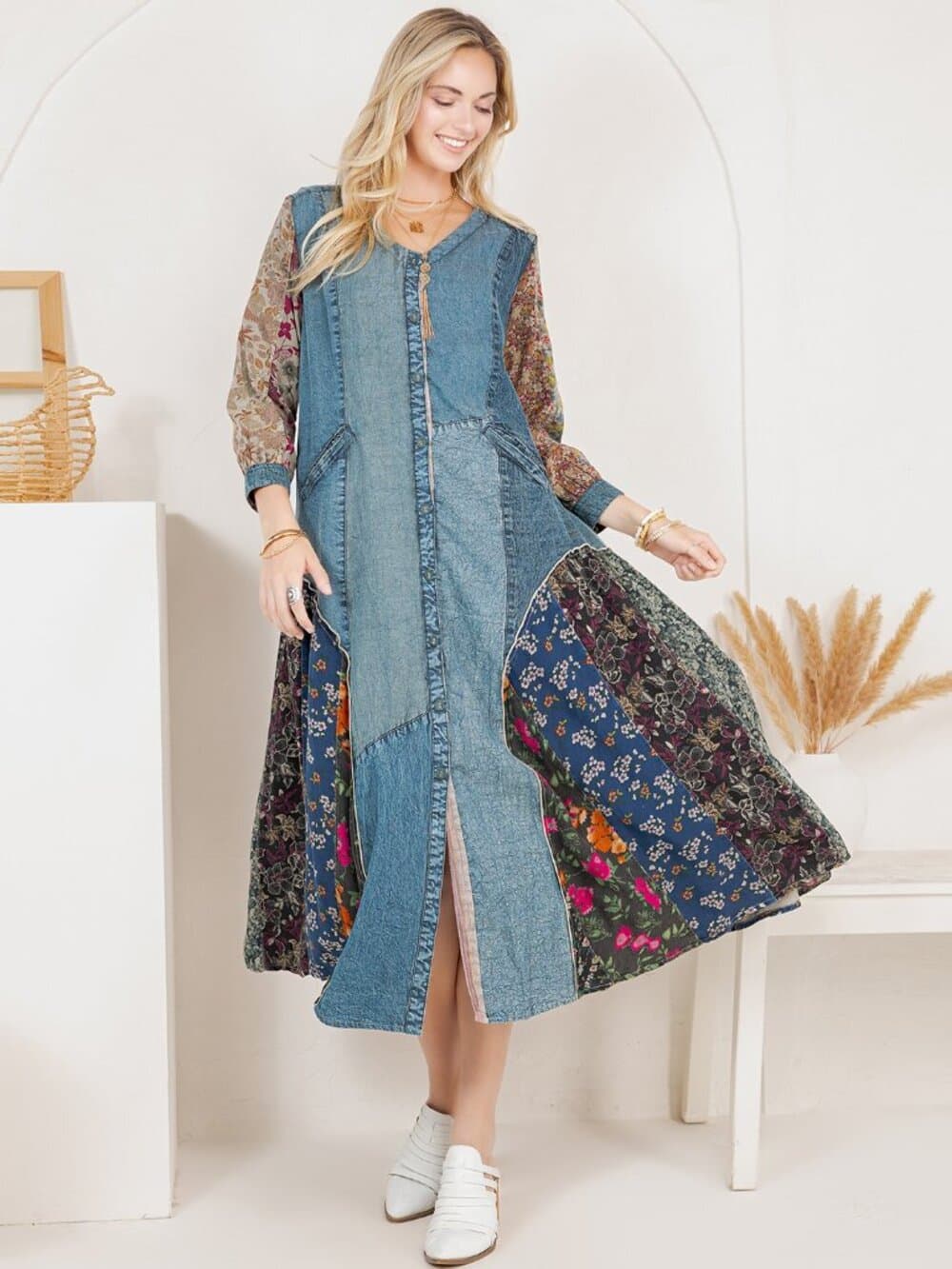 Earthy Denim Duster Dress, Artisan Patchwork - Thumbnail 2