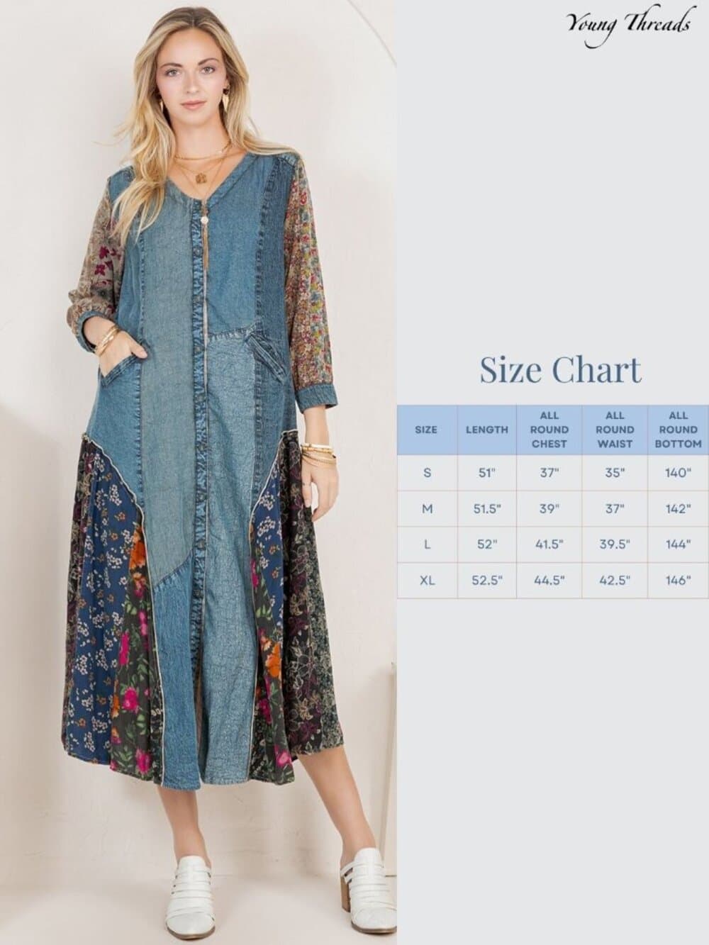 Earthy Denim Duster Dress, Artisan Patchwork - Thumbnail 6