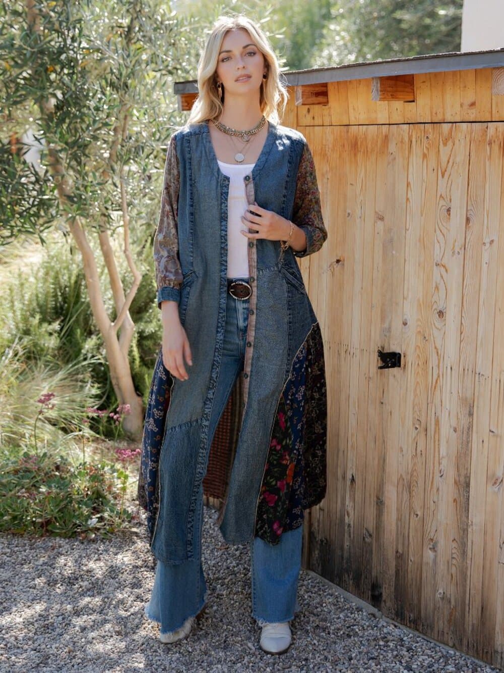 Earthy Denim Duster Dress, Artisan Patchwork - Thumbnail 9