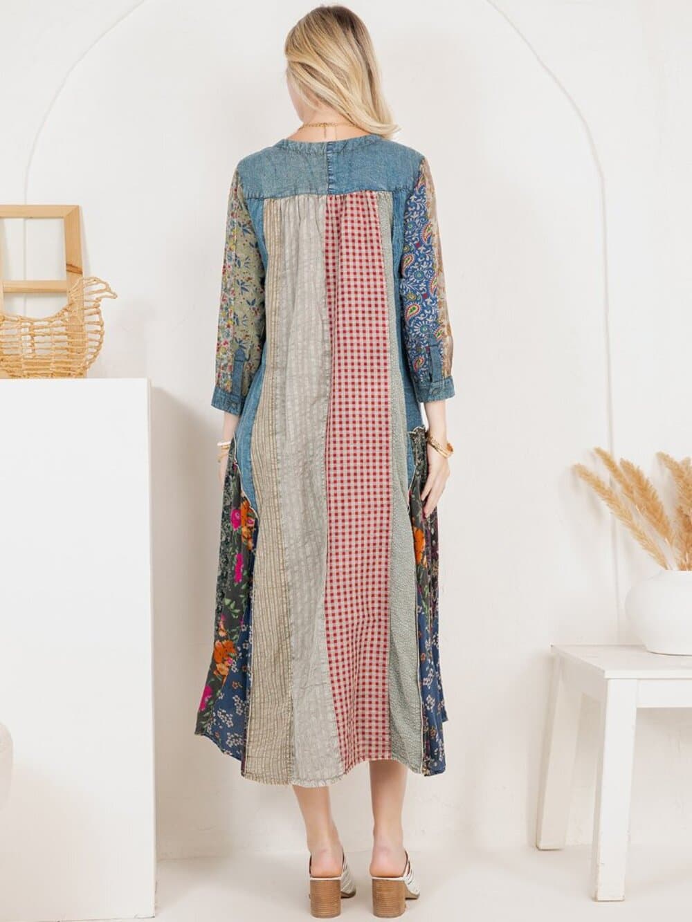 Earthy Denim Duster Dress, Artisan Patchwork - Thumbnail 4