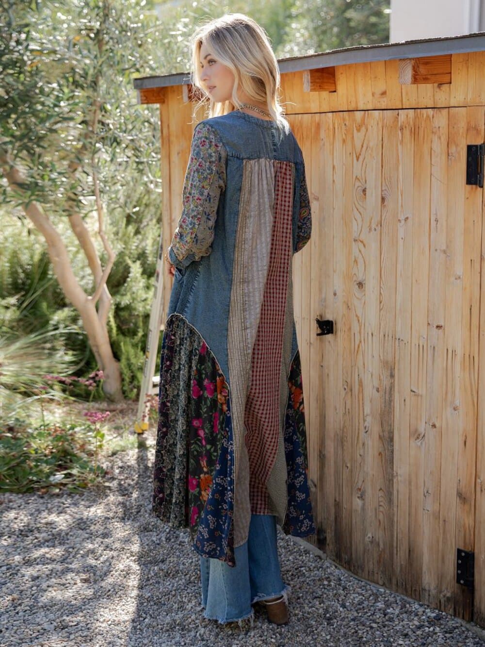 Earthy Denim Duster Dress, Artisan Patchwork - Thumbnail 10