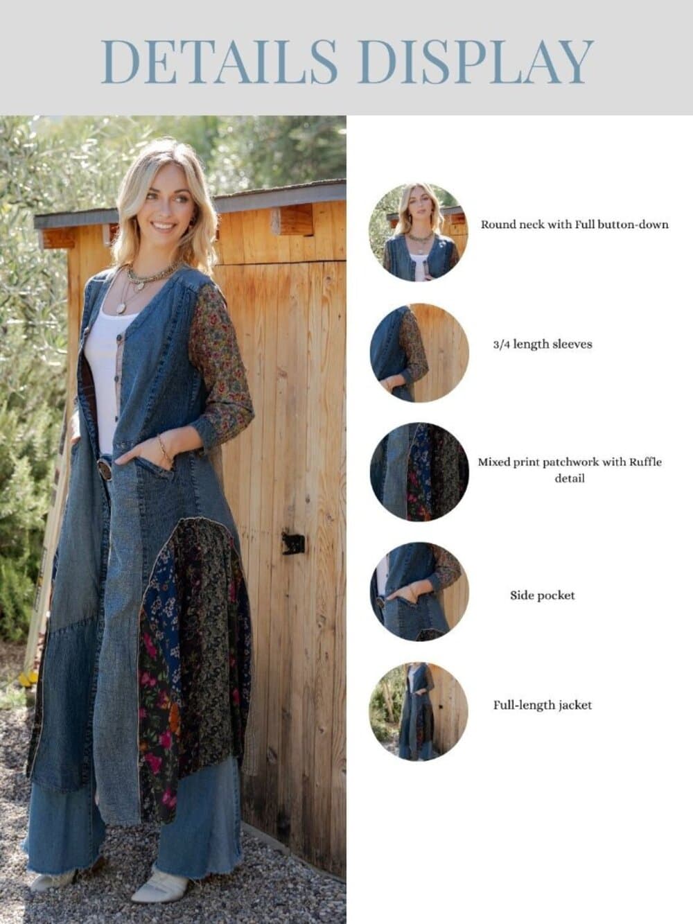Earthy Denim Duster Dress, Artisan Patchwork - Thumbnail 7