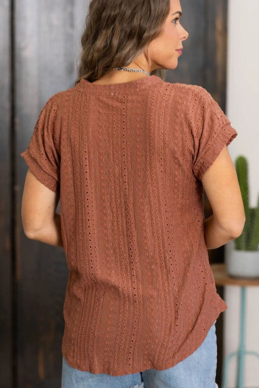Brown Dot Pointelle Detail Short Sleeve Top - Thumbnail 2