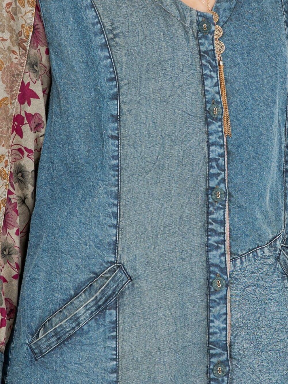 Earthy Denim Duster Dress, Artisan Patchwork - Thumbnail 5