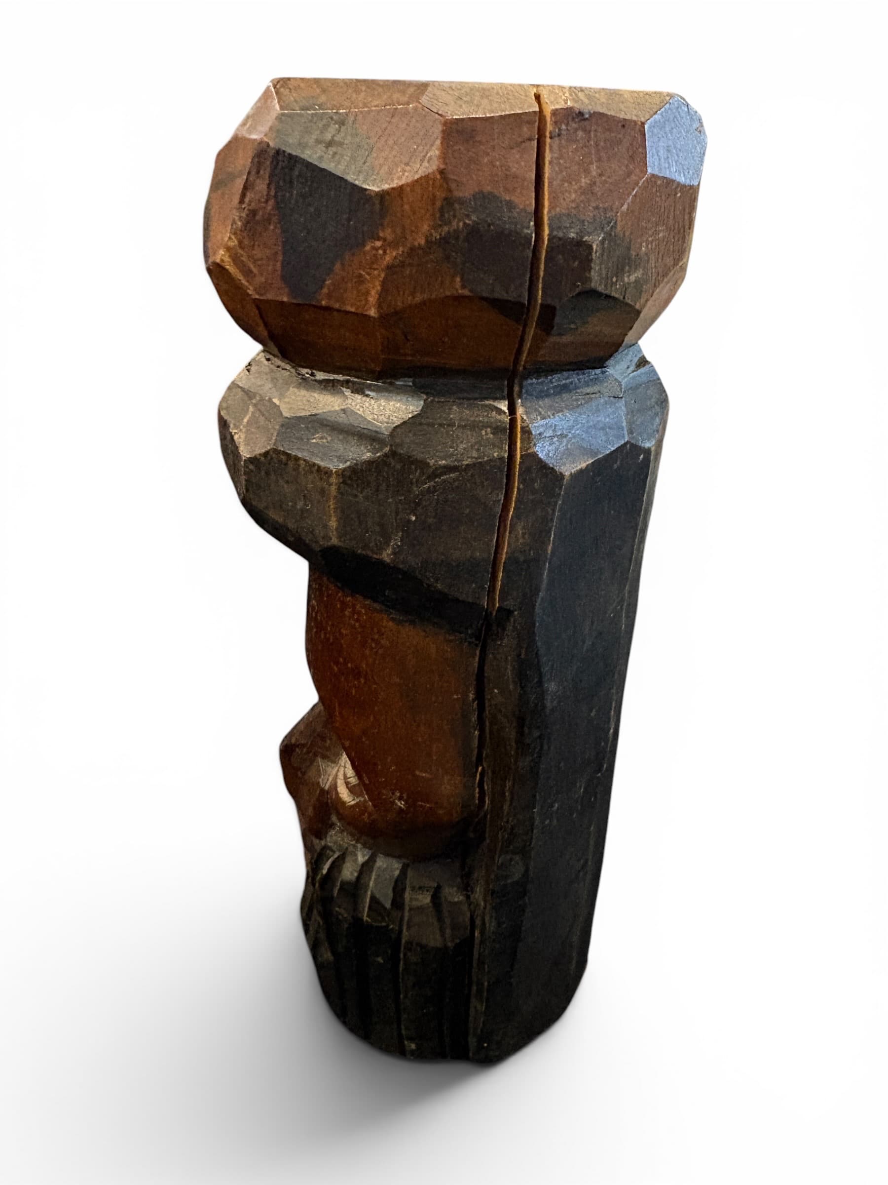 Vintage Folk Art Carved Wood Totem Head Sculpture, Faceted Cubist Style, 8.5” - Regular - Thumbnail 2