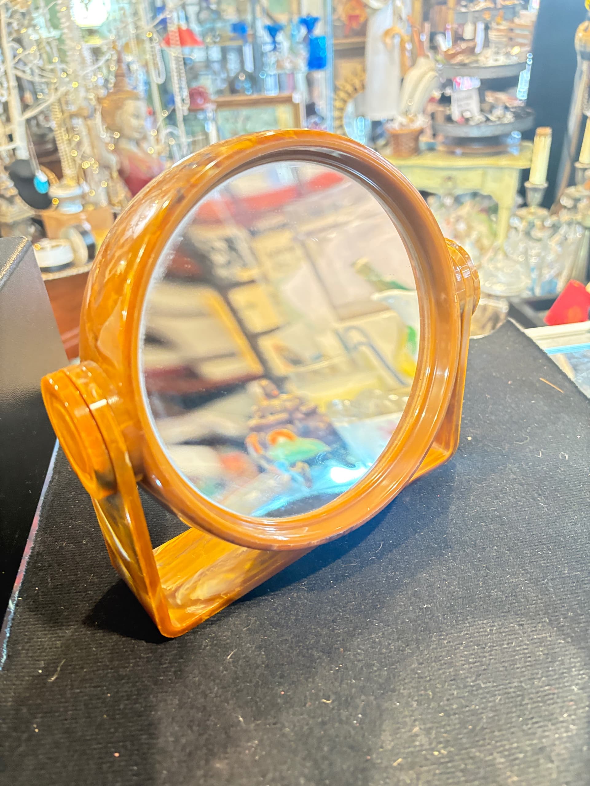 1950s Butterscotch Marbled Lucite Tilt Round Vanity Mirror (1205) - Regular - Thumbnail 2