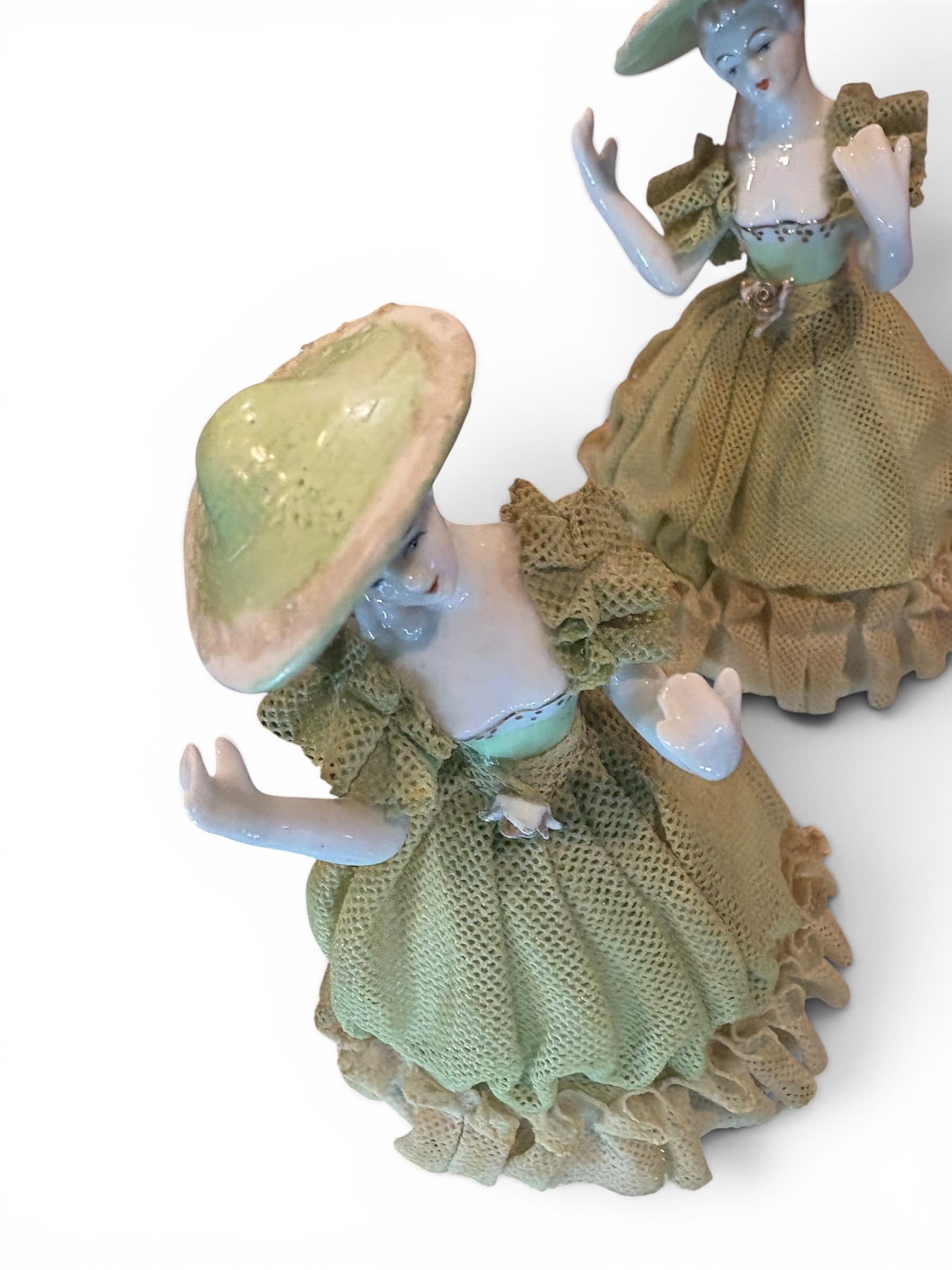 Vintage Porcelain Lace Figurine Twins, Matched Set, Sage Green Lady Figures, Dresden Style, Unmarked - Regular - Thumbnail 3