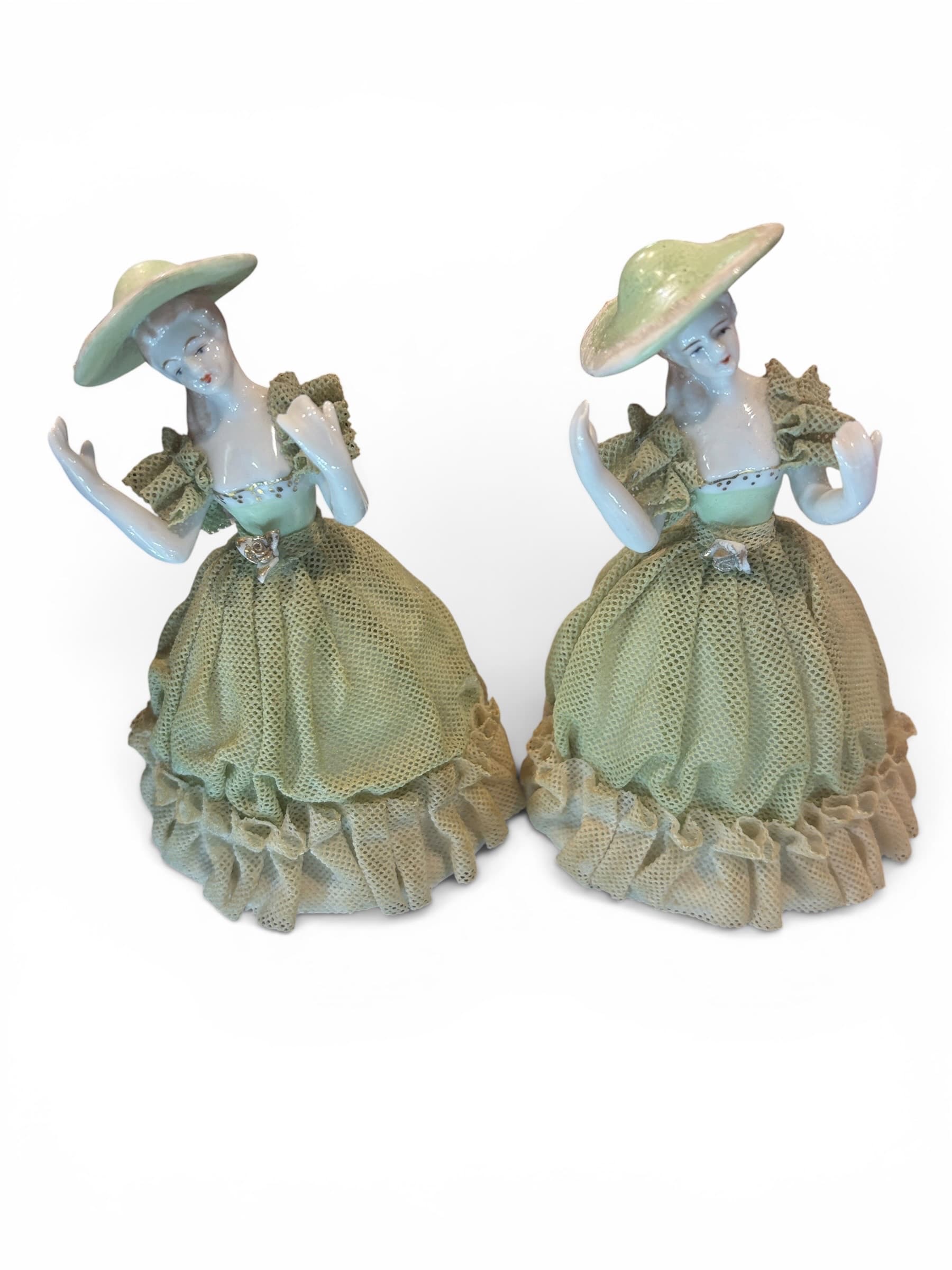 Vintage Porcelain Lace Figurine Twins, Matched Set, Sage Green Lady Figures, Dresden Style, Unmarked - Regular - Thumbnail 6