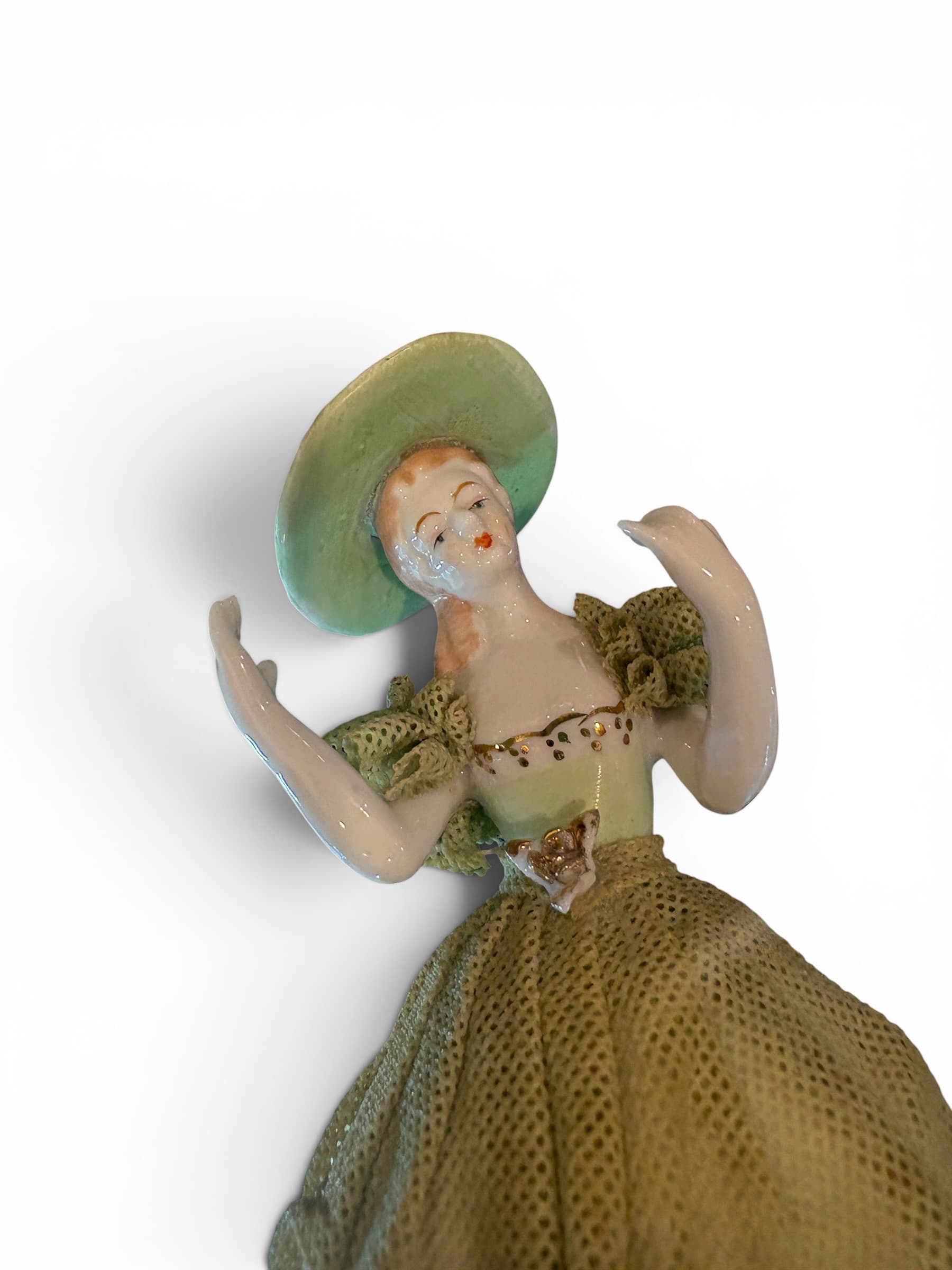 Vintage Porcelain Lace Figurine Twins, Matched Set, Sage Green Lady Figures, Dresden Style, Unmarked - Regular - Thumbnail 4