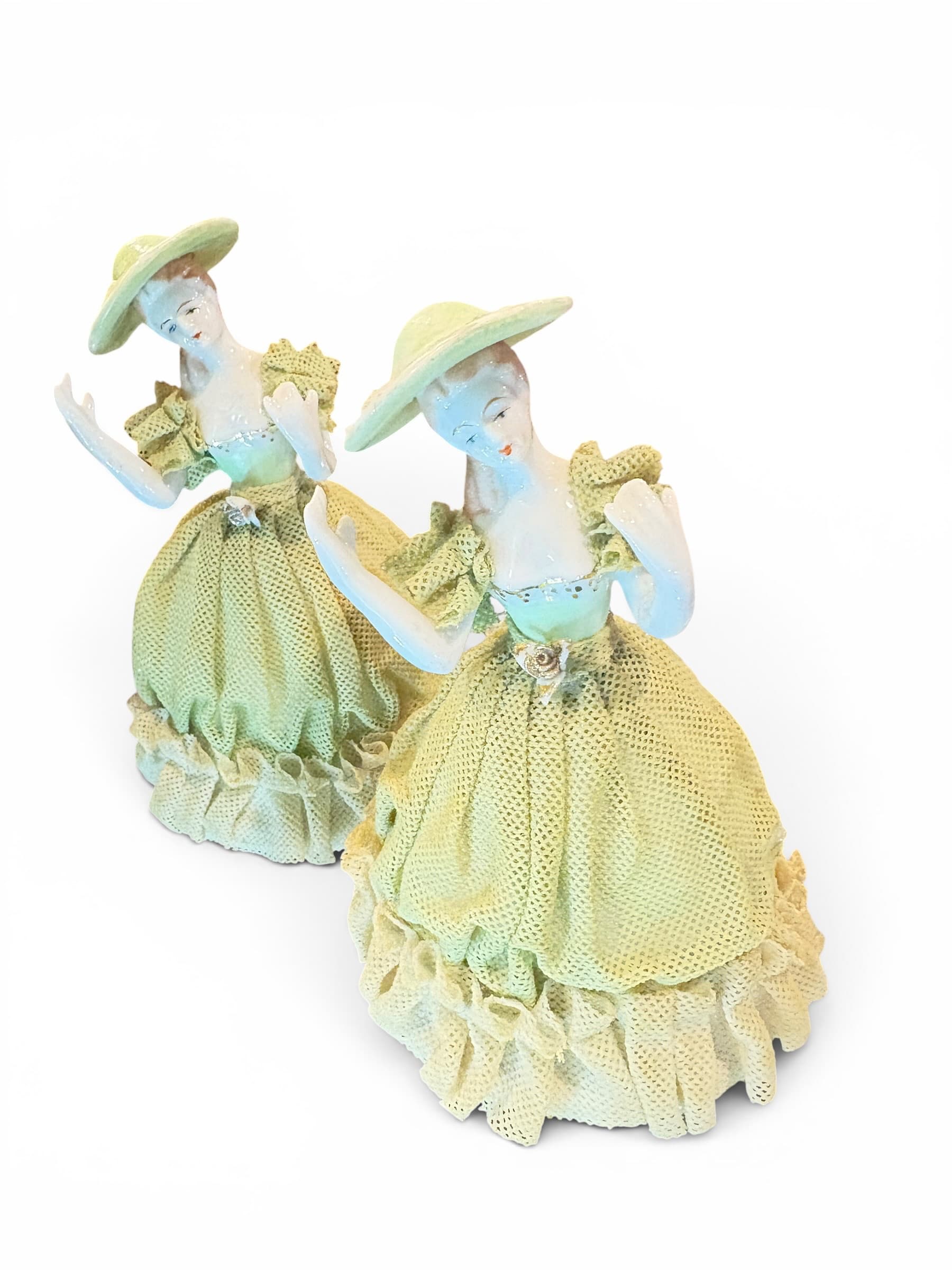 Vintage Porcelain Lace Figurine Twins, Matched Set, Sage Green Lady Figures, Dresden Style, Unmarked - Regular - Thumbnail 2