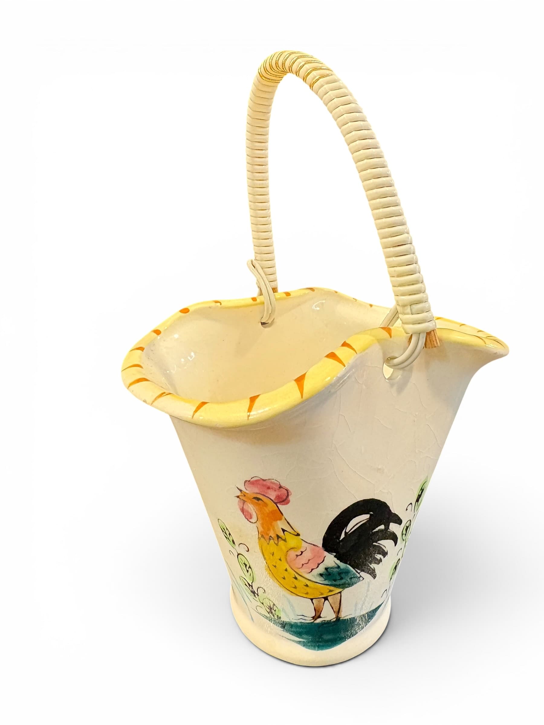 Hand Painted Rooster Basket Vase Crackle Glaze Wicker Handle (1205) - Regular - Thumbnail 2