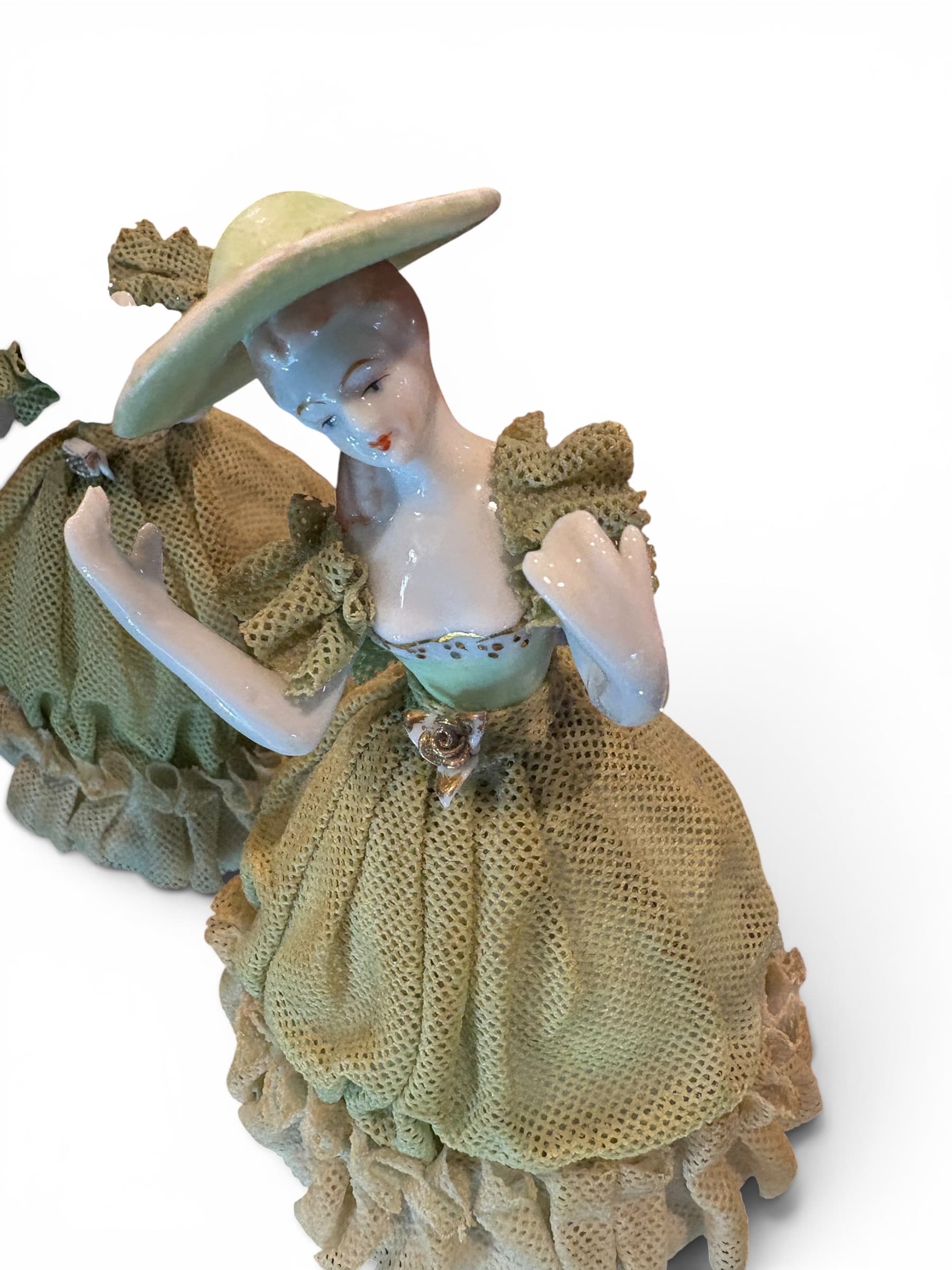 Vintage Porcelain Lace Figurine Twins, Matched Set, Sage Green Lady Figures, Dresden Style, Unmarked - Regular - Thumbnail 8