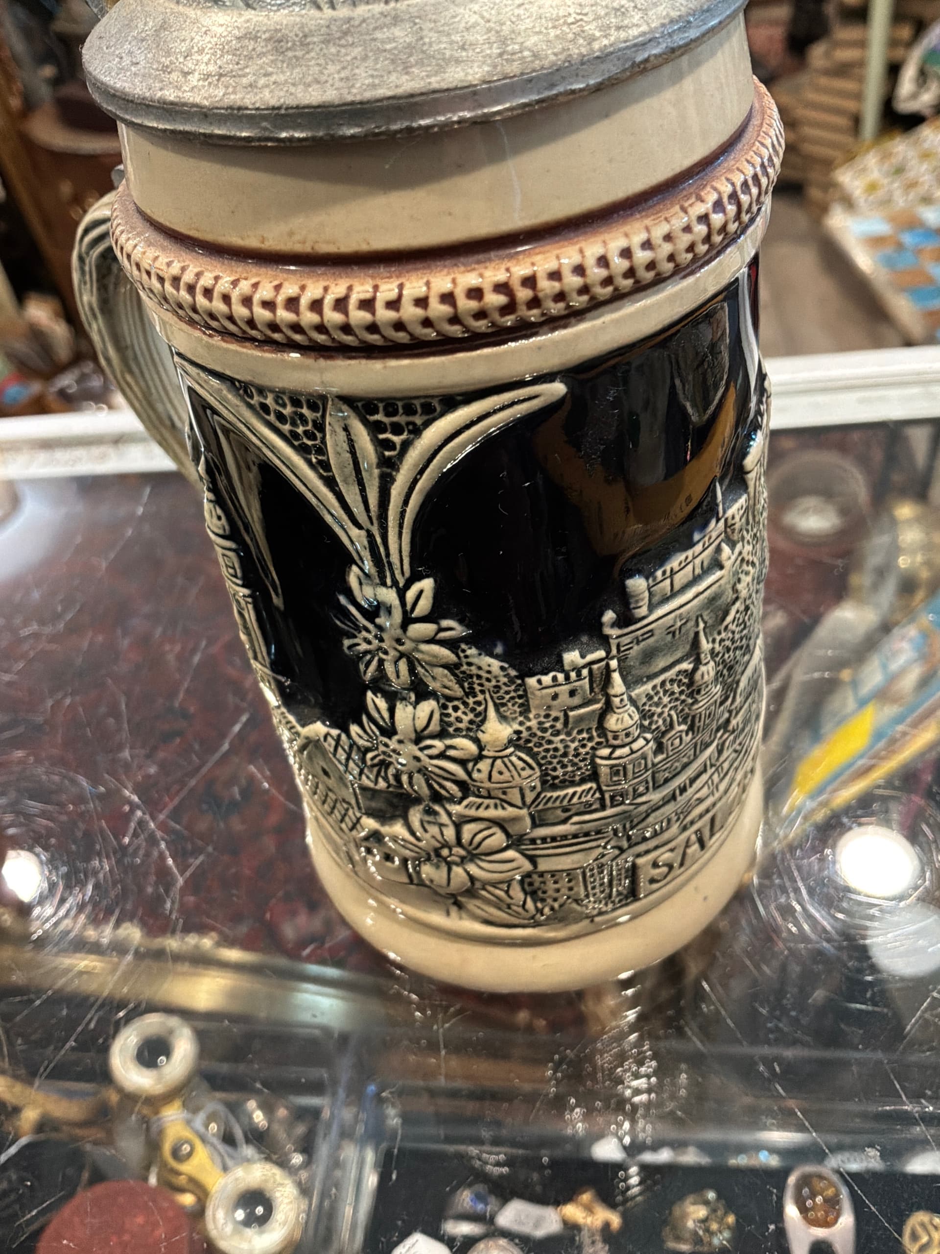 Vintage German Beer Stein | Salzburg Austria Souvenir | King-Werk Pewter Lid | Glockenspiel Relief Stoneware Tankard - Regular - Thumbnail 5