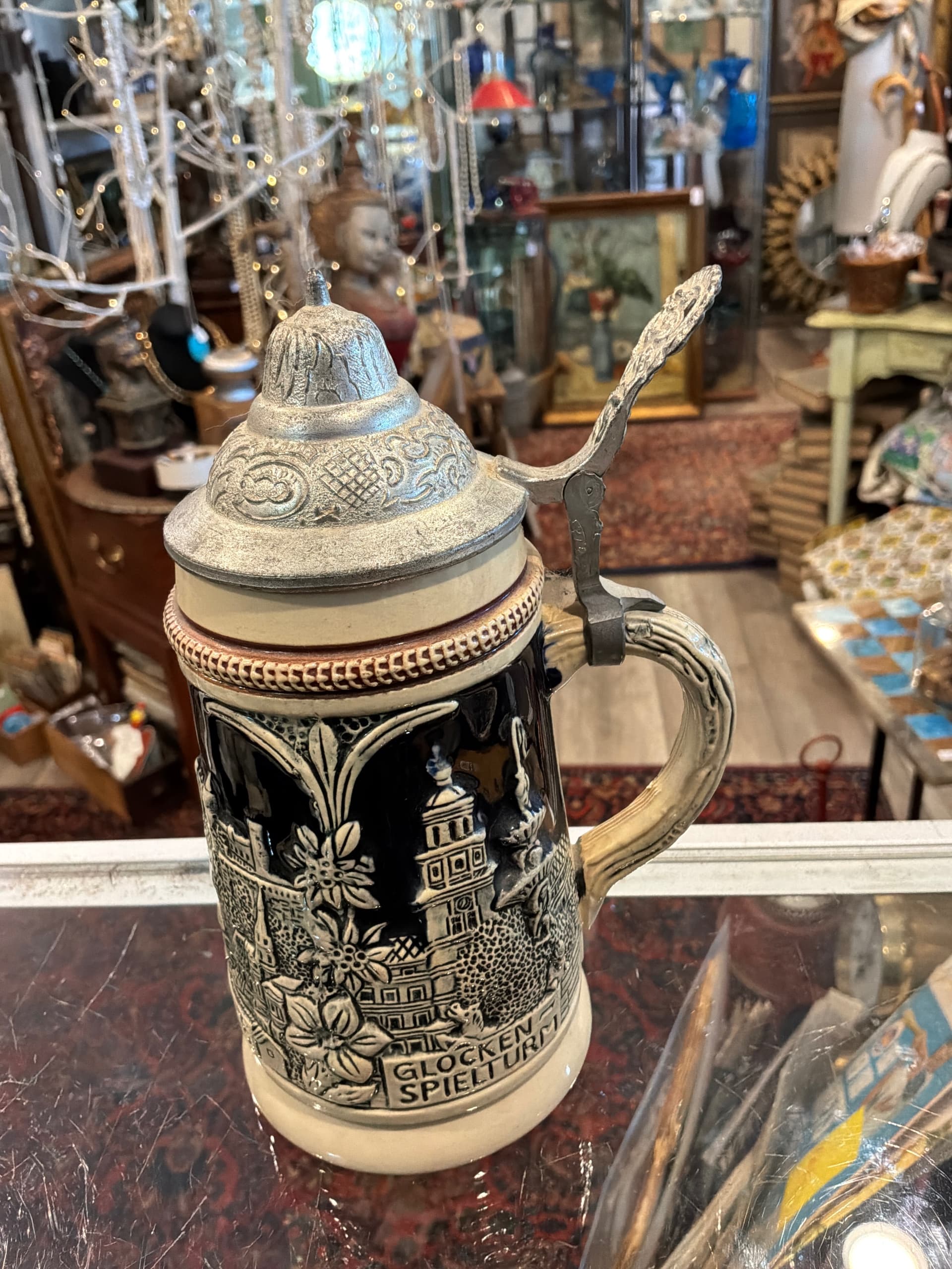 Vintage German Beer Stein | Salzburg Austria Souvenir | King-Werk Pewter Lid | Glockenspiel Relief Stoneware Tankard - Regular - Thumbnail 4
